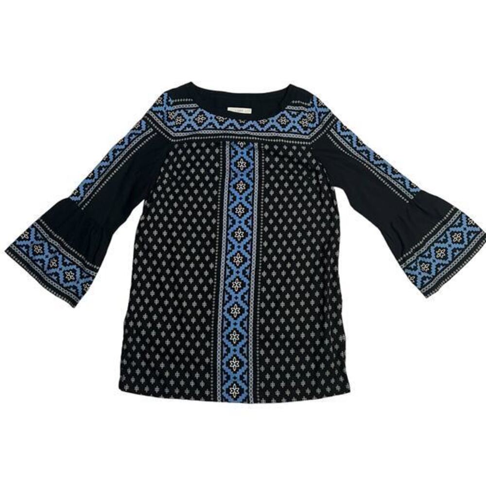 Loft Black Shift Knee Length Dress Blue White Geometric Mosaic Print Size Large